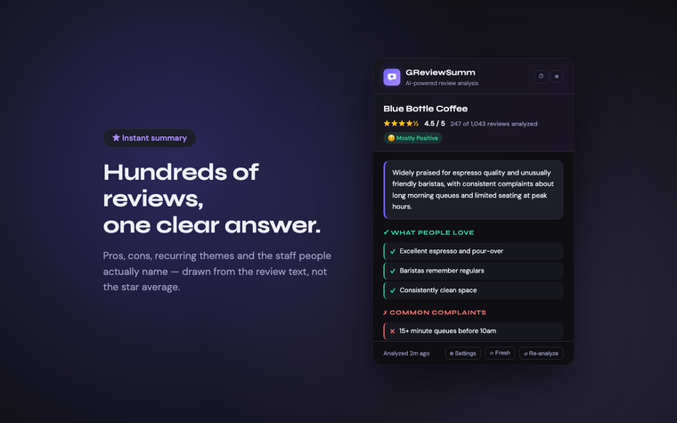Summary showing pros, cons and themes for a place